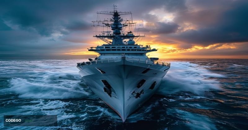 A photorealistic editorial photograph taken from a low maritime angle looking up at the steel bow of a modern Spanish Navy F1