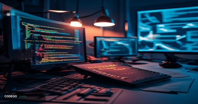 A cinematic editorial photograph depicting a close-up of a developer's workstation in a darkened room, with multiple monitors