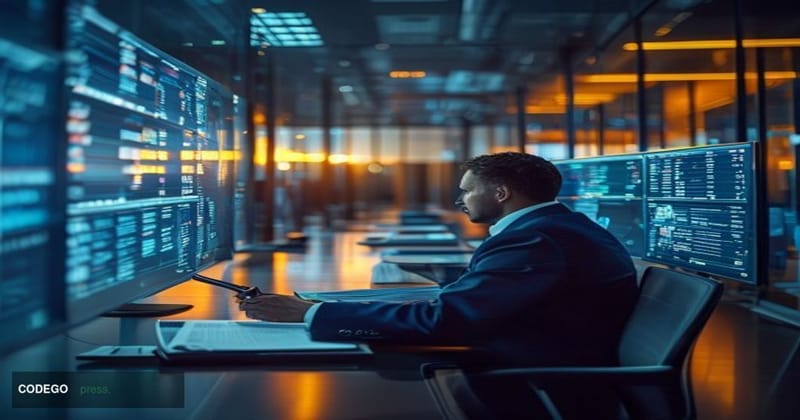 A photorealistic editorial photograph inside a sleek, modern blockchain company's legal and compliance operations center, wit