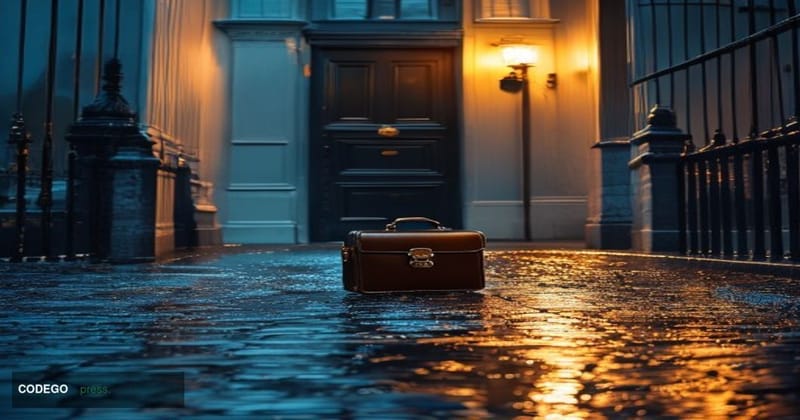 A cinematic editorial photograph depicting the iconic black door of 10 Downing Street in London, shot from a low angle with d