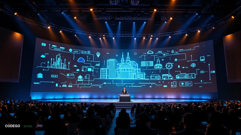 A cinematic editorial photograph set inside a modern insurance technology conference hall, where a large curved stage is bath