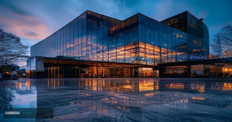 A photorealistic editorial photograph of the Interactive Brokers headquarters exterior in Greenwich, Connecticut, captured at
