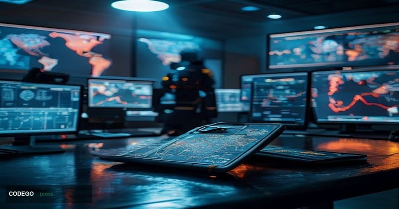 A dramatic cinematic editorial photograph depicting a large digital crime investigation command center, with multiple monitor