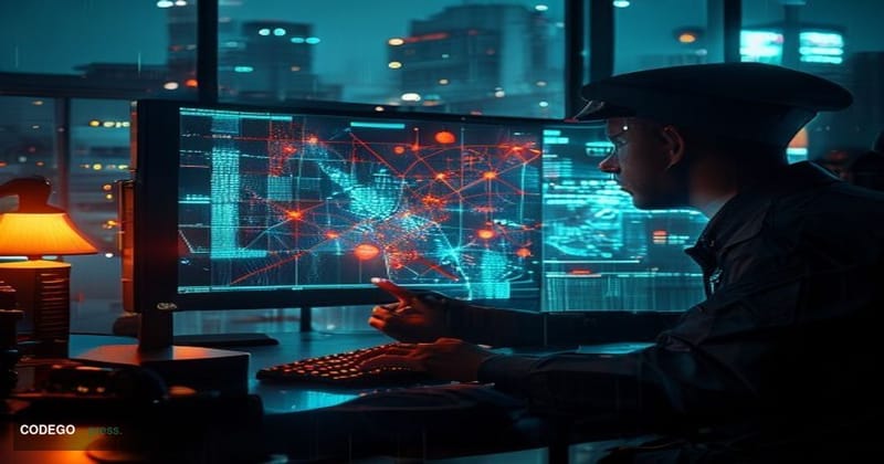 A cinematic editorial photograph set in a dimly lit Thai police cybercrime investigation unit, Bangkok city lights visible th