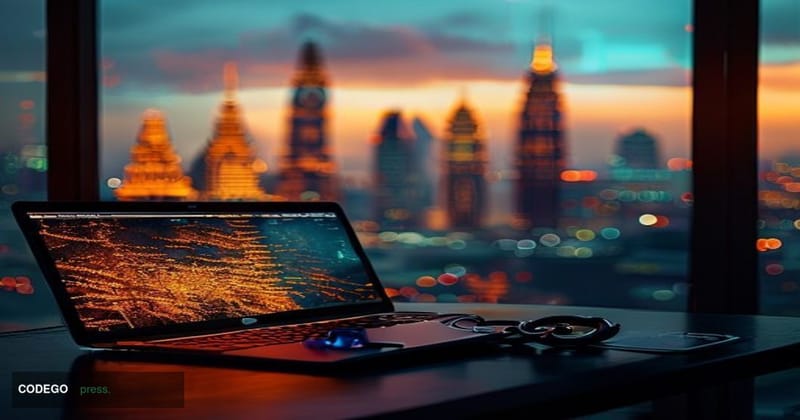 A cinematic editorial photograph set in a dimly lit cryptocurrency trading environment with Southeast Asian urban architectur