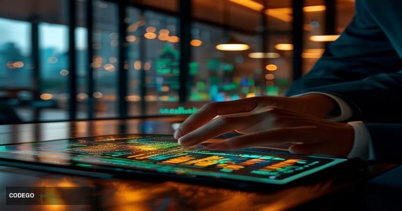 A cinematic editorial photograph set inside a sleek, modern fintech product interface environment — a close-up of a professio