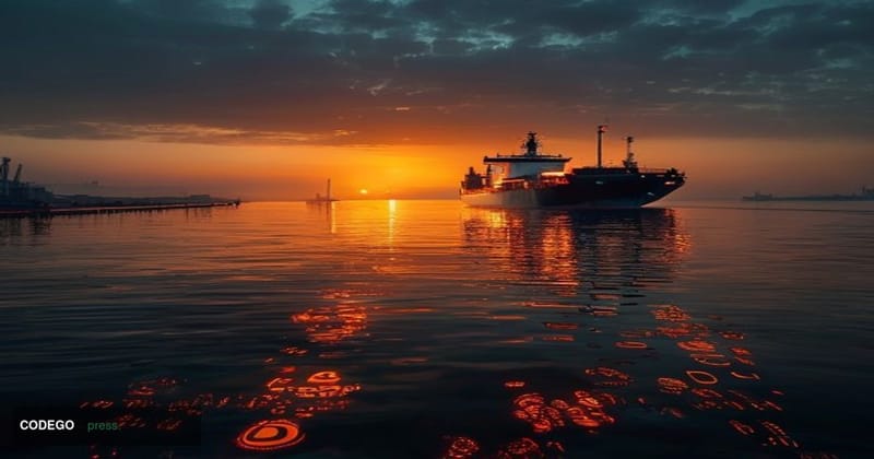 A cinematic editorial photograph taken from a low-angle perspective above dark, oil-slicked Persian Gulf waters at dusk, with