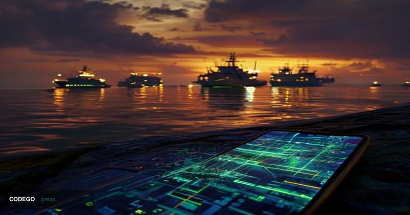 A cinematic editorial photograph shot from a low angle at dusk over the Persian Gulf, with massive oil tankers visible on the