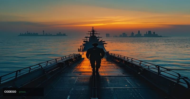 A dramatic cinematic editorial photograph taken at dusk over the Persian Gulf, with the amber glow of a setting sun reflectin