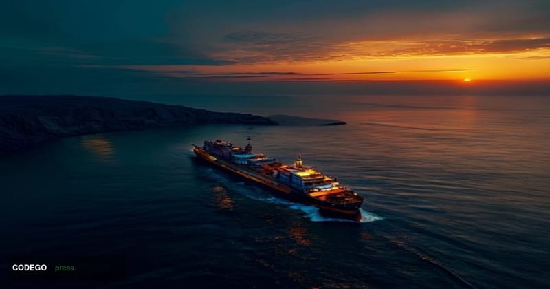 A cinematic editorial photograph taken from a low-angle drone perspective above the Strait of Hormuz at dusk, with an oil sup