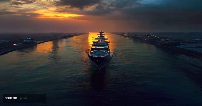 A cinematic editorial photograph of massive oil tankers navigating a narrow, strategically vital waterway at dusk, representi