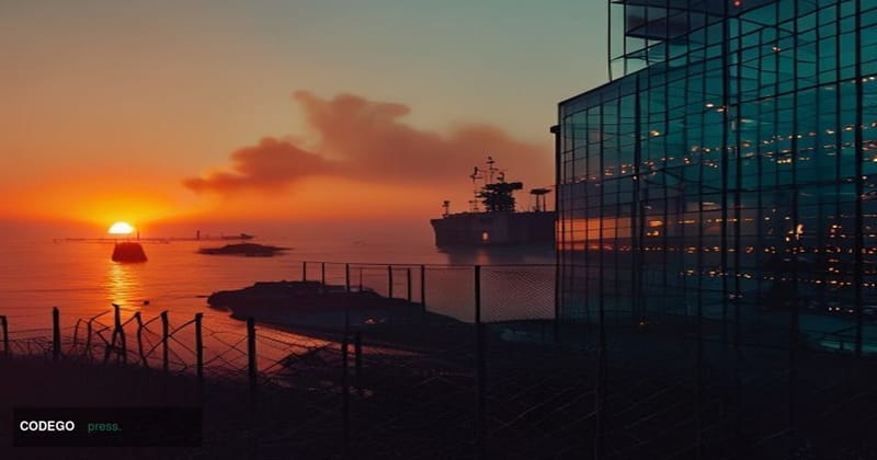 A dramatic cinematic editorial photograph shot at dusk over the Persian Gulf, with the silhouette of a US military installati