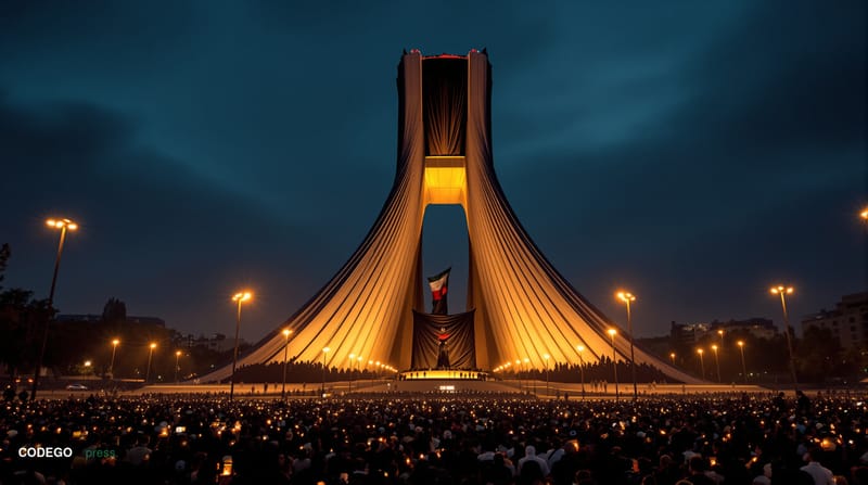 A cinematic editorial photograph set in Tehran at dusk, with the iconic Azadi Tower monument visible in the soft amber-tinted