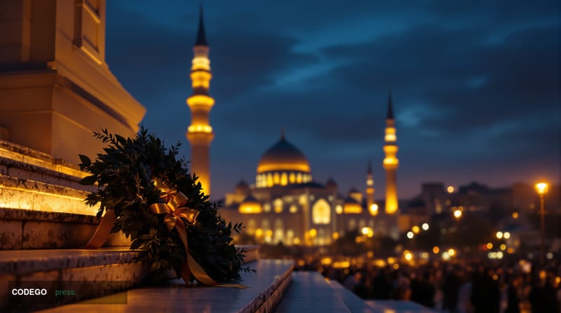 A cinematic editorial photograph set at dusk over the Tehran skyline, with the distinctive dome and minarets of the Imam Khom