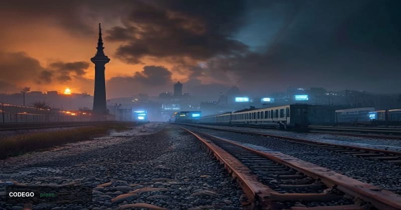 A cinematic editorial photograph taken at dusk from a low angle along abandoned railway tracks stretching toward a distant Ir