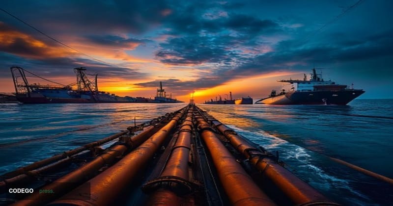 A cinematic editorial photograph taken from a low-angle perspective aboard a massive oil supertanker in the Strait of Hormuz 