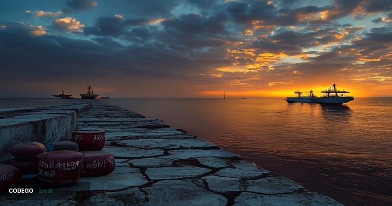A dramatic cinematic editorial photograph taken at dusk over the Strait of Hormuz, with tanker vessels visible on the horizon