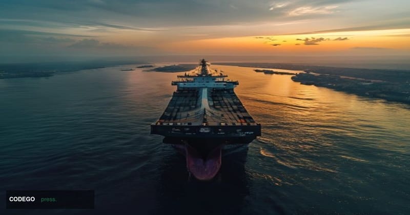 Cinematic editorial aerial photograph of the Strait of Hormuz at dawn, shot from a low-angle perspective with a wide lens cap