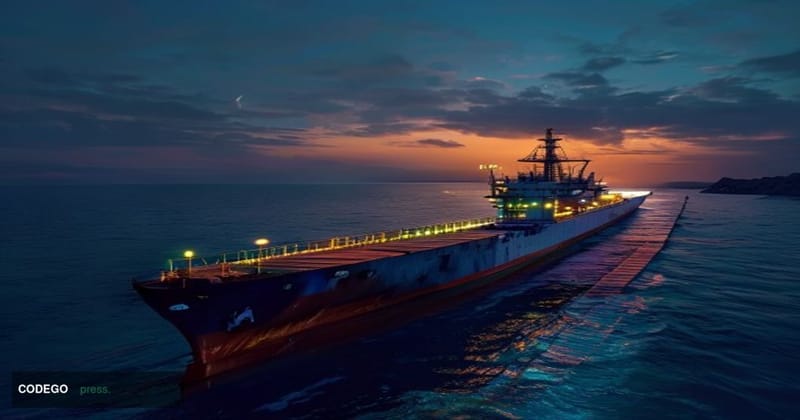 A photorealistic cinematic editorial photograph taken from a low-angle perspective over the deep blue waters of the Strait of