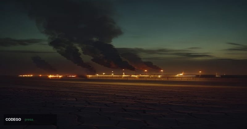 A cinematic photorealistic editorial photograph taken at dusk over the Jordanian desert plateau, with the silhouette of a mil