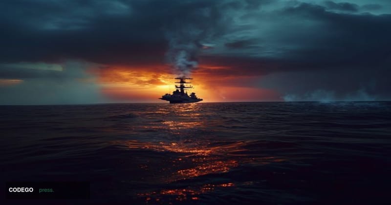 A photorealistic editorial photograph shot from a low angle at dusk over the Persian Gulf, with a dramatic horizon showing th