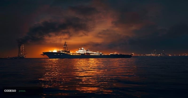 A cinematic editorial photograph shot at the Strait of Hormuz at dusk, with an oil tanker silhouetted against a dramatic ambe
