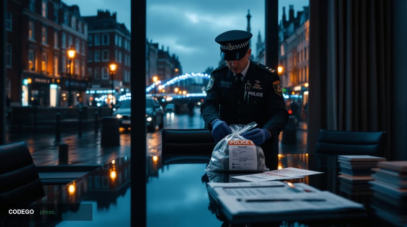 A cinematic editorial photograph set against the recognizable Georgian architecture of Dublin's city centre, with the iconic 