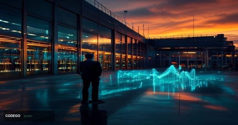 A dramatic cinematic editorial photograph of a large cryptocurrency mining facility at dusk, with rows of illuminated ASIC mi