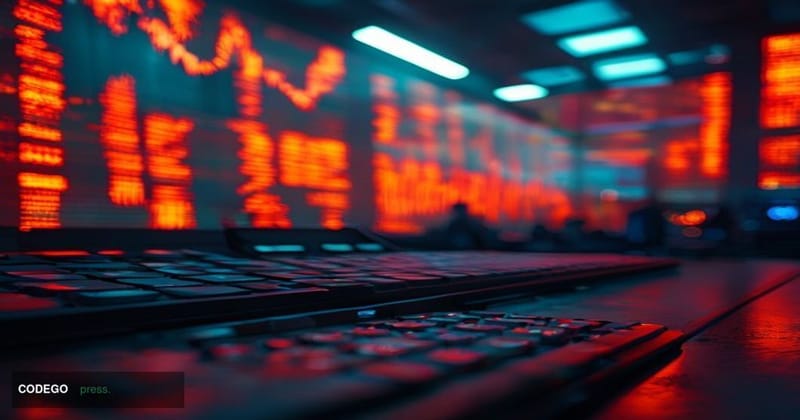 A cinematic editorial photograph shot at a dramatic low angle looking up at a digital financial trading screen wall displayin
