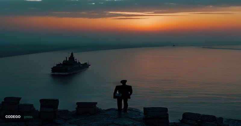 A cinematic editorial photograph set at dusk along the Strait of Hormuz, with the Omani coastline visible in the hazy amber d