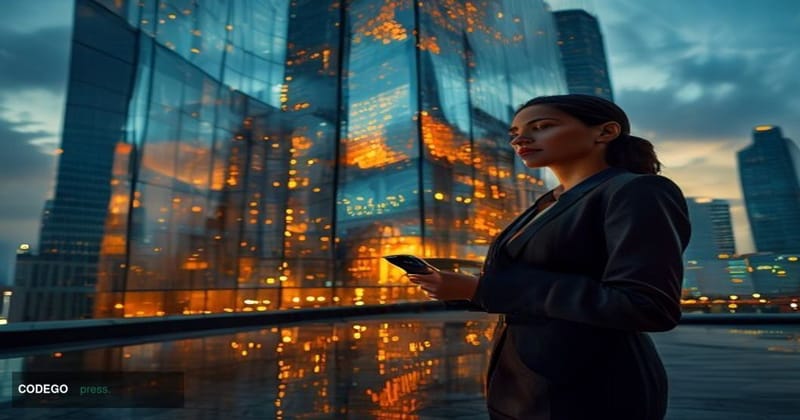A cinematic editorial photograph set in São Paulo's financial district, with the recognizable modernist façade of Itaú Uniban