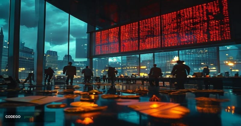 A dramatic cinematic editorial photograph set in a dimly lit financial trading floor, with a large digital ticker board promi
