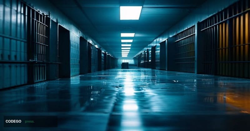 A cinematic editorial photograph set inside a stark federal correctional facility in the United States, shot from a low angle
