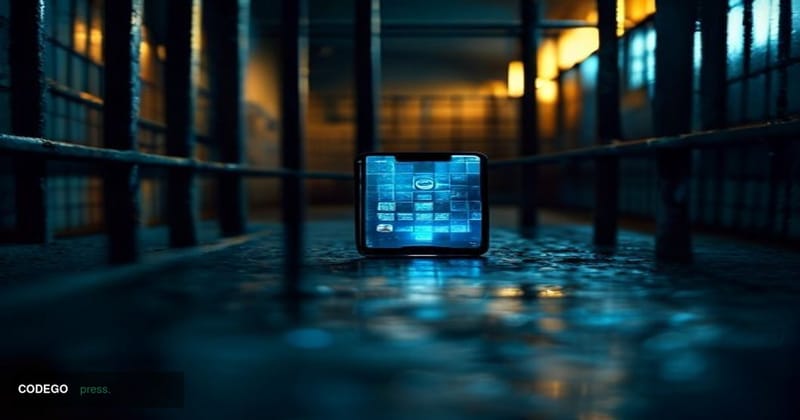 A dramatically lit prison cell interior viewed through iron bars, with the cold blue glow of a contraband smartphone screen r