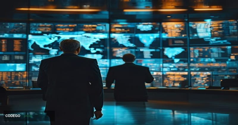 A cinematic editorial photograph set in a sleek, high-security financial operations center resembling JPMorgan Chase's Manhat