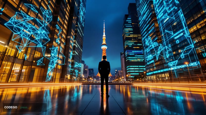 A sweeping low-angle cinematic shot of the Tokyo financial district skyline at dusk, with the iconic Tokyo Tower visible in t