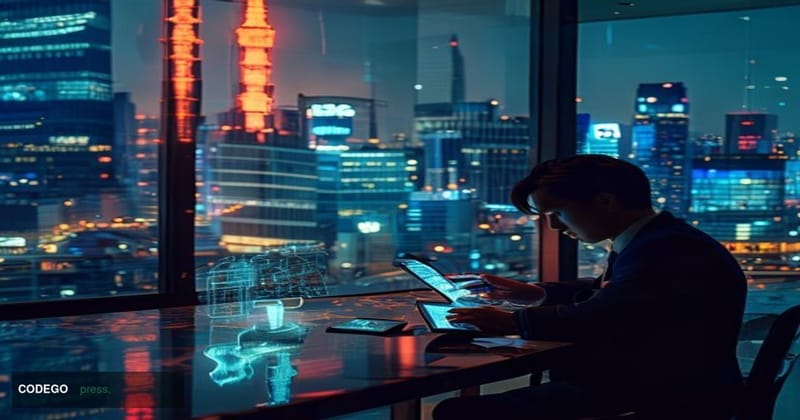 A cinematic editorial split-scene composition set in Tokyo's financial district at dusk, with the neon-lit Shibuya skyline vi