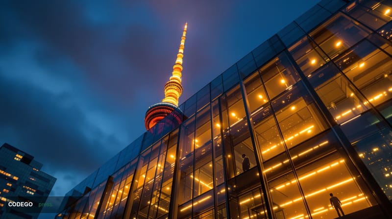 A dramatic photorealistic editorial photograph taken from a low angle looking up at the iconic Tokyo skyline at dusk, with th
