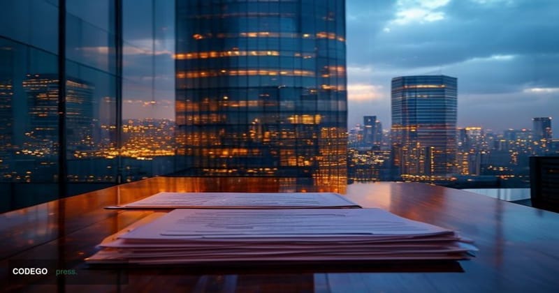 A cinematic editorial photograph of the Tokyo financial district skyline at dusk, with the iconic Tokyo Stock Exchange buildi