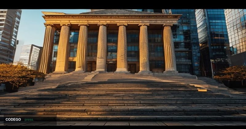 A cinematic editorial photograph set in Tokyo's financial district, with the Bank of Japan's iconic Meiji-era granite headqua