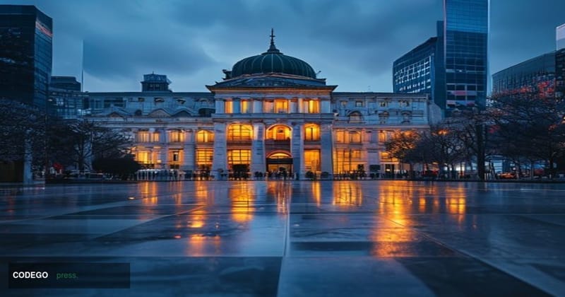 Photorealistic cinematic editorial photograph of the Japanese Diet building in Tokyo at dusk, its distinctive European-Renais