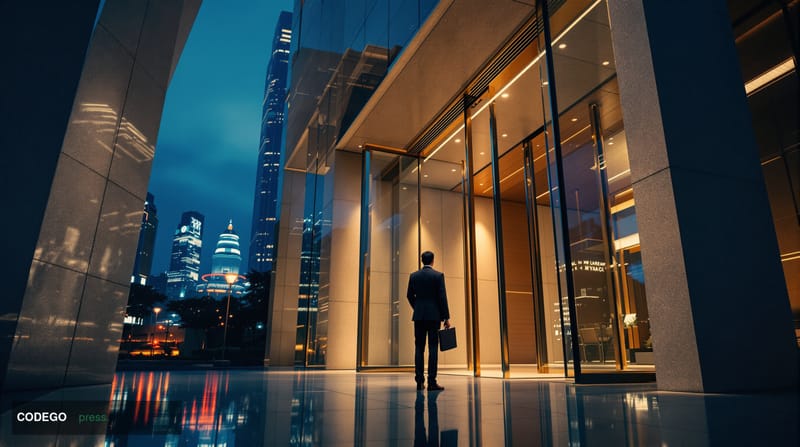 A dramatic cinematic editorial photograph taken at street level in Tokyo's Kabukicho or Marunouchi financial district at dusk