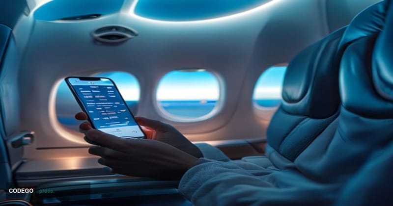 # Image Prompt

A modern airplane cabin interior captured from a wide-angle perspective showing a passenger holding a smartph