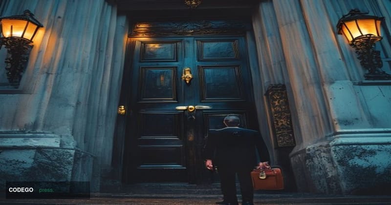 A dramatic cinematic editorial photograph set outside the iconic black door of 11 Downing Street, London, the traditional res