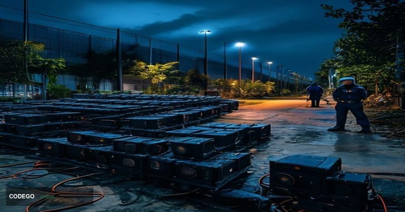 A dramatic photorealistic editorial photograph shot at night outside an industrial warehouse in Johor, Malaysia, with tropica
