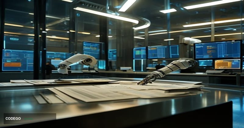 A cinematic editorial photograph set inside a large, modern financial operations center identifiable as a JPMorgan Chase faci