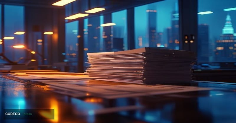A dramatic editorial close-up shot inside a large financial operations center, with a single, imposing stack of paper checks 