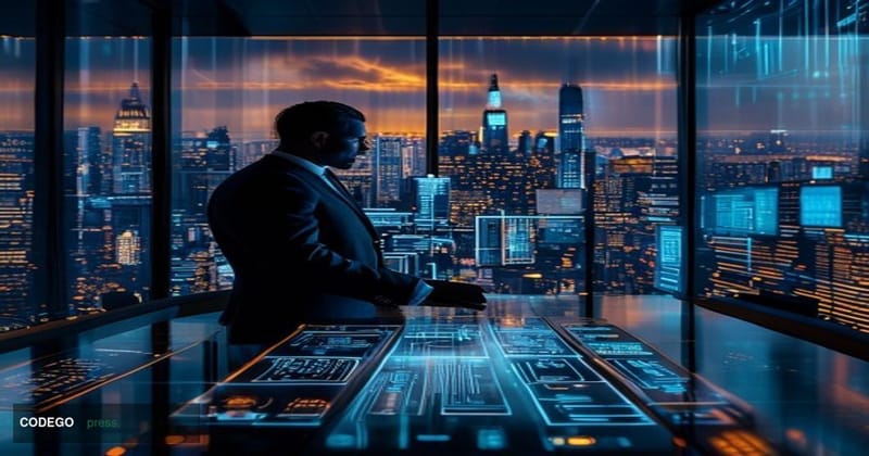 A cinematic editorial photograph set inside a sleek, modern J.P. Morgan financial technology operations center, with floor-to