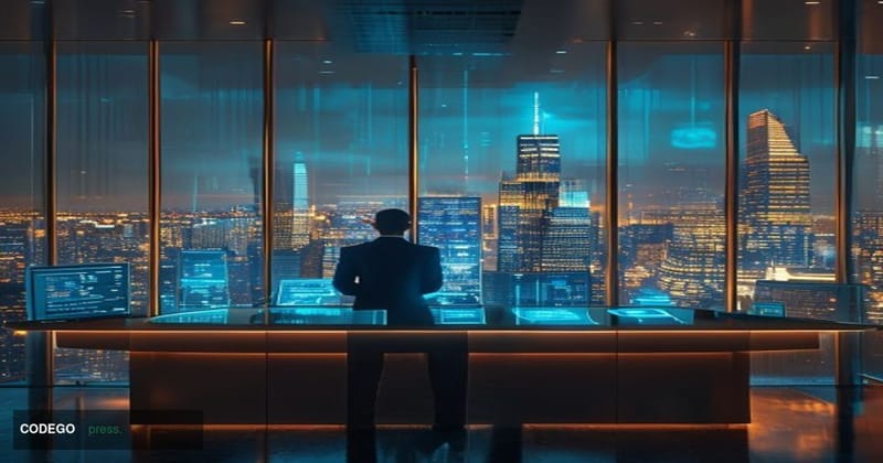 A cinematic editorial photograph set inside a sleek, modern financial technology operations center that evokes J.P. Morgan's 