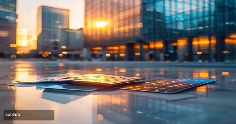 # Image Prompt:

A high-angle cinematic shot of a gleaming modern banking headquarters with glass and steel architecture, pho